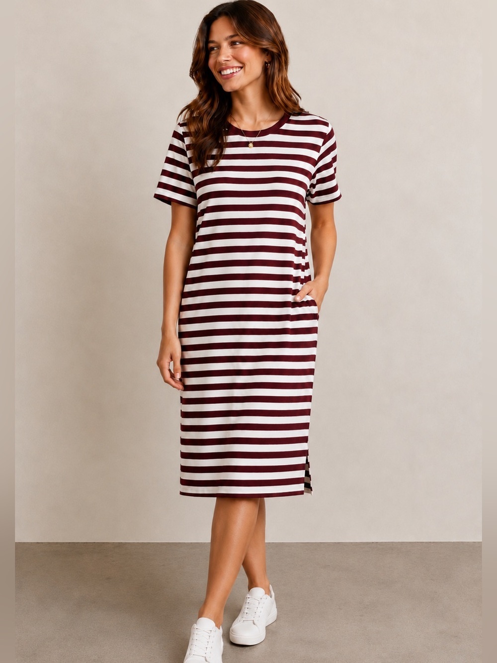 Michael Kors Women's Burgundy Striped Short Sleeve Dress